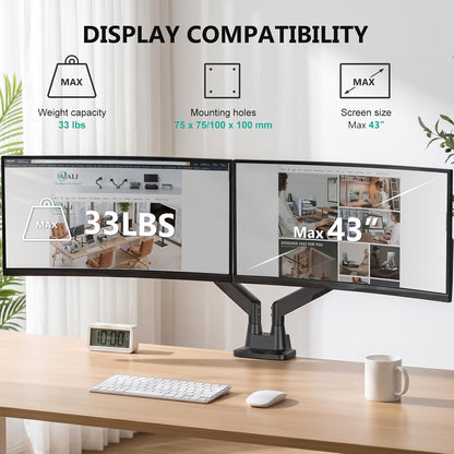 Adjustable Dual Monitor Arm for 13-32 inch Screens, 22 lbs per Arm