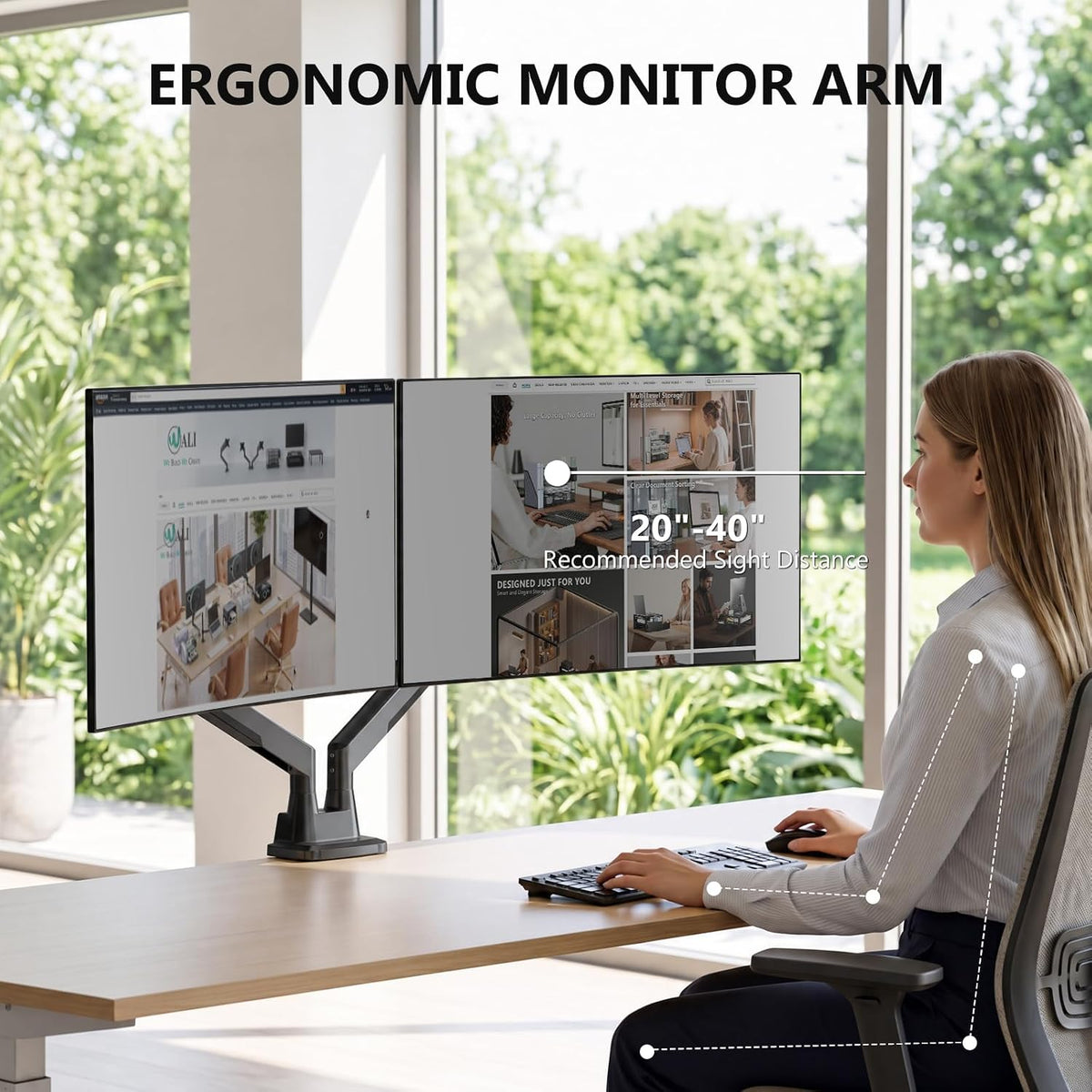 Adjustable Dual Monitor Arm for 13-32 inch Screens, 22 lbs per Arm