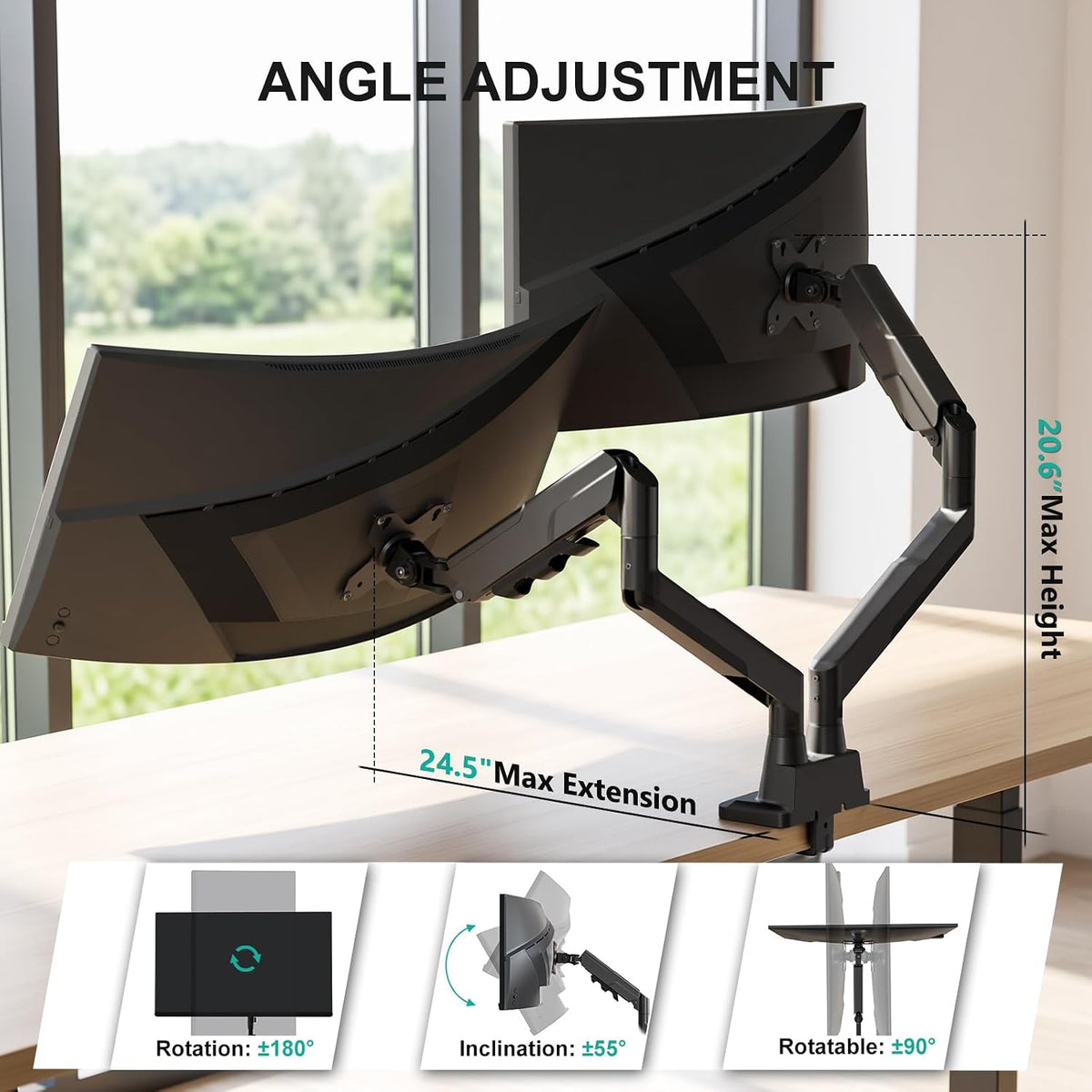 Adjustable Dual Monitor Arm for 13-32 inch Screens, 22 lbs per Arm