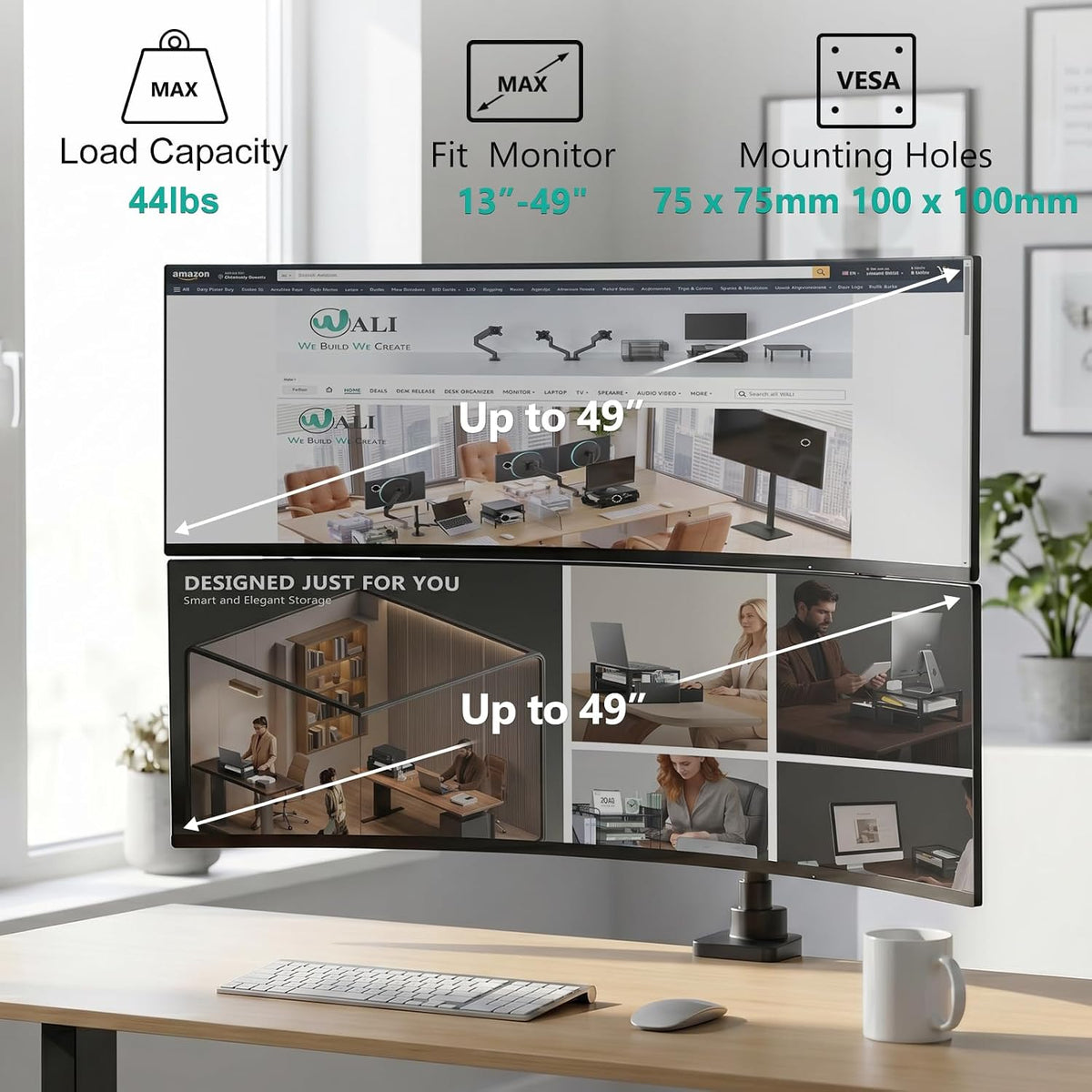 Adjustable Dual Monitor Arm for 13-32 inch Screens, 22 lbs per Arm