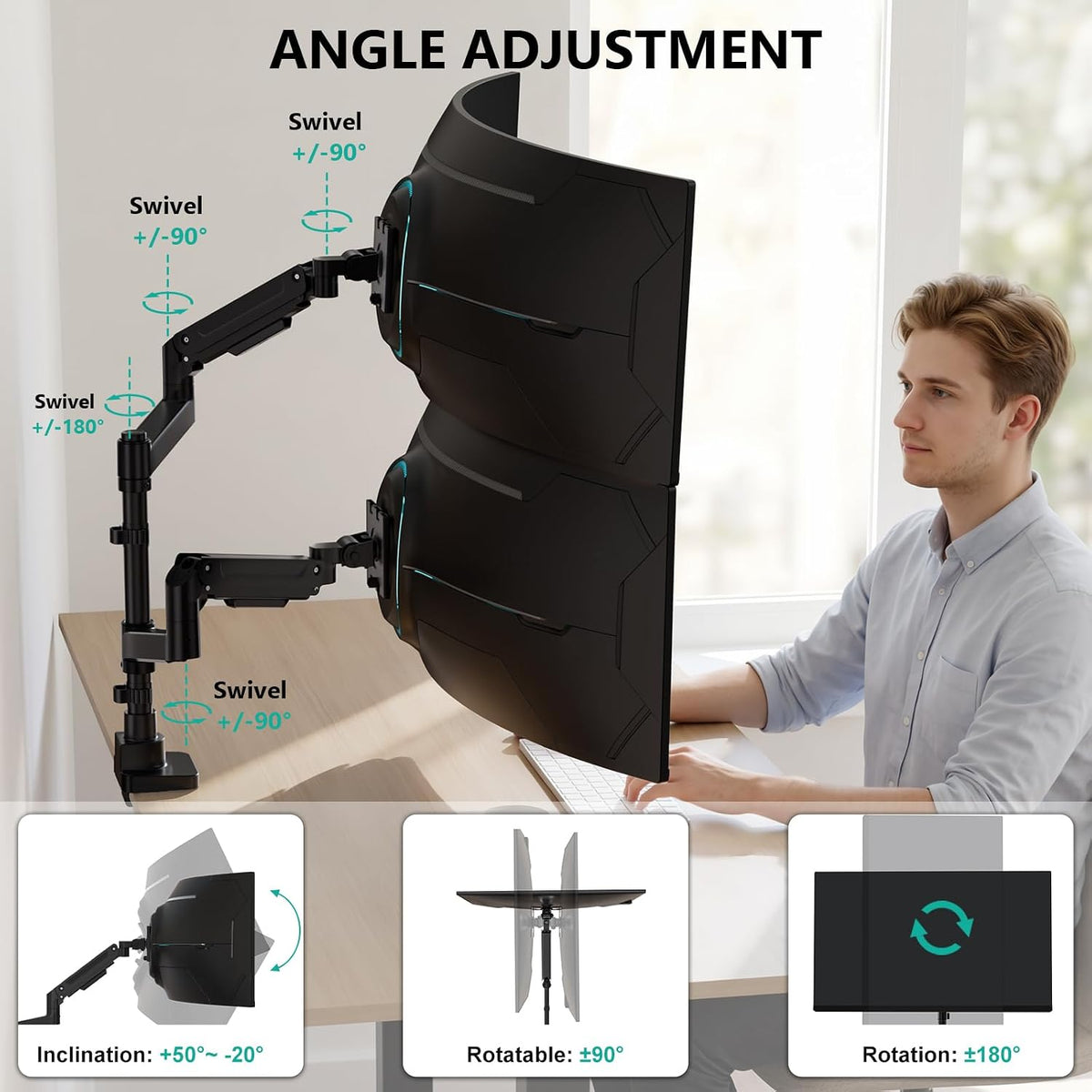 Adjustable Dual Monitor Arm for 13-32 inch Screens, 22 lbs per Arm