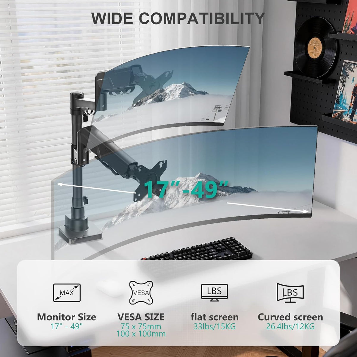 Adjustable Dual Monitor Arm for 13-32 inch Screens, 22 lbs per Arm