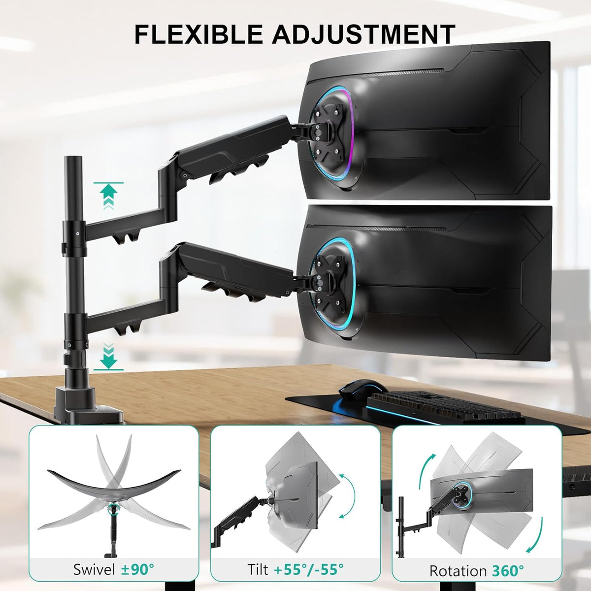Adjustable Dual Monitor Arm for 13-32 inch Screens, 22 lbs per Arm