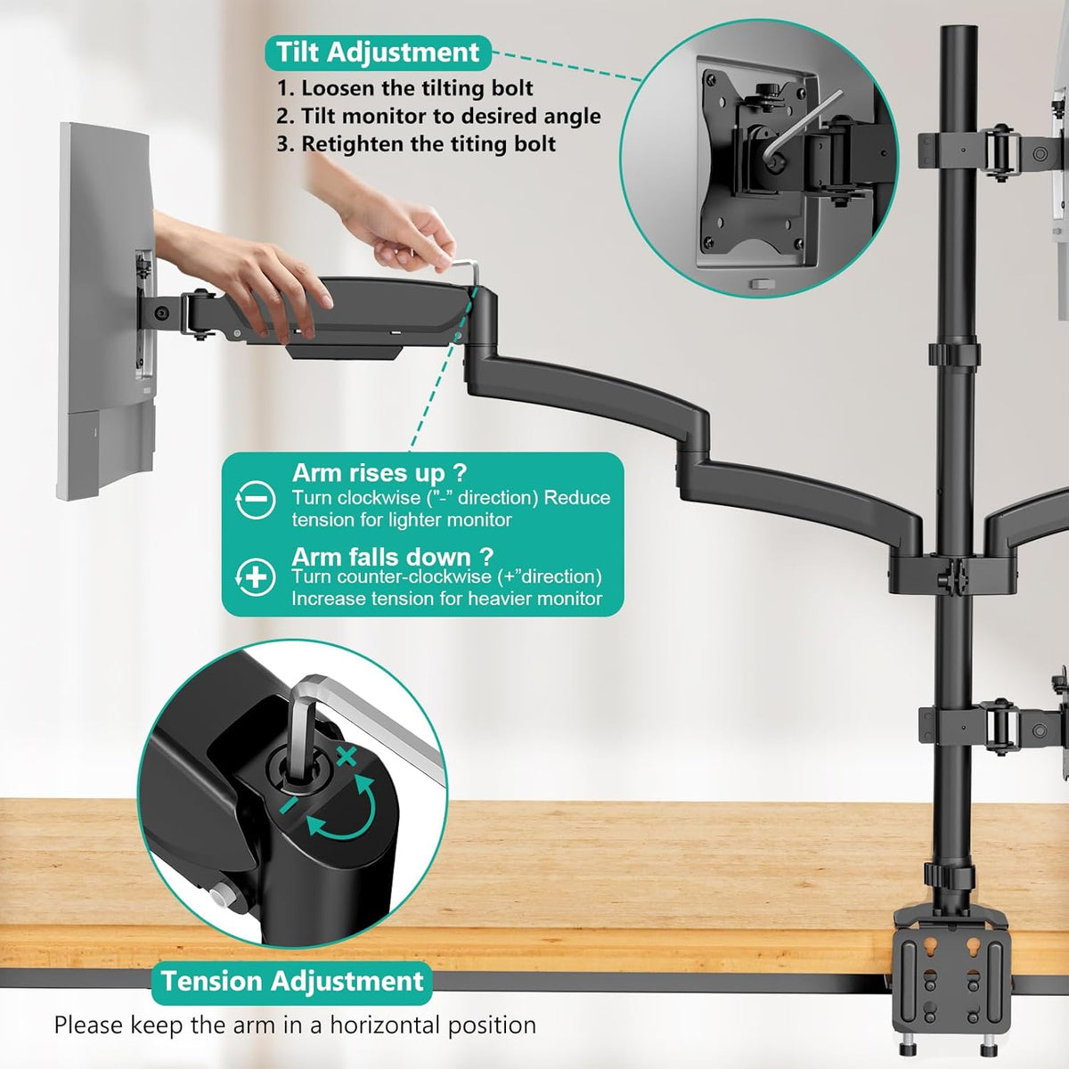 Adjustable Dual Monitor Arm for 13-32 inch Screens, 22 lbs per Arm