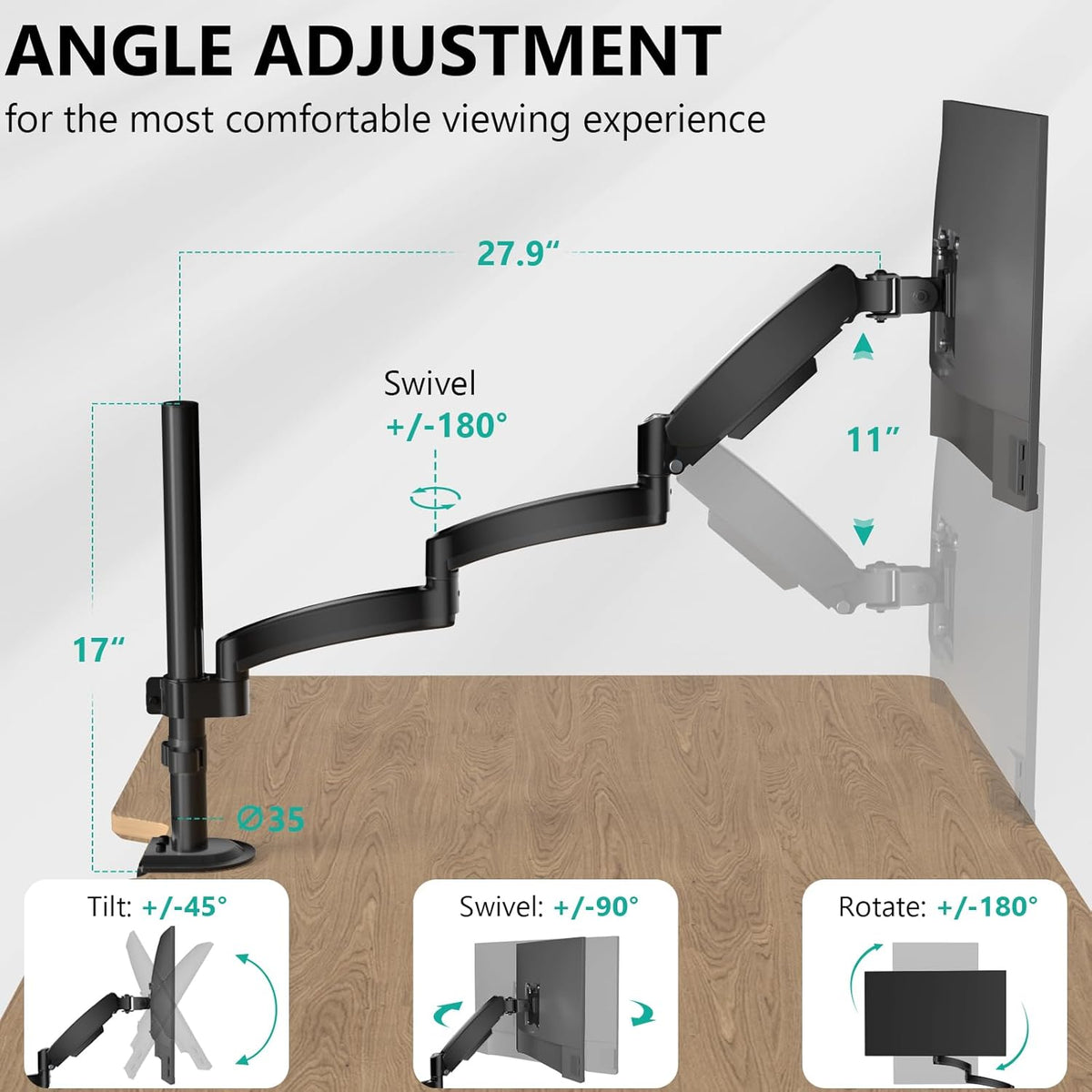 Adjustable Dual Monitor Arm for 13-32 inch Screens, 22 lbs per Arm