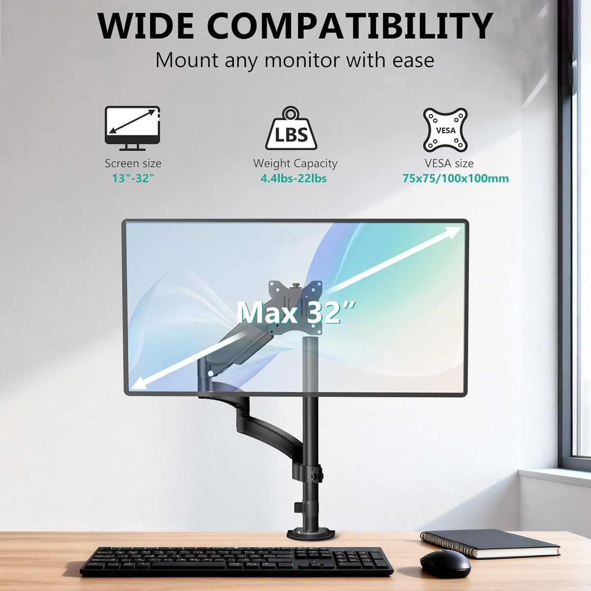 Adjustable Dual Monitor Arm for 13-32 inch Screens, 22 lbs per Arm