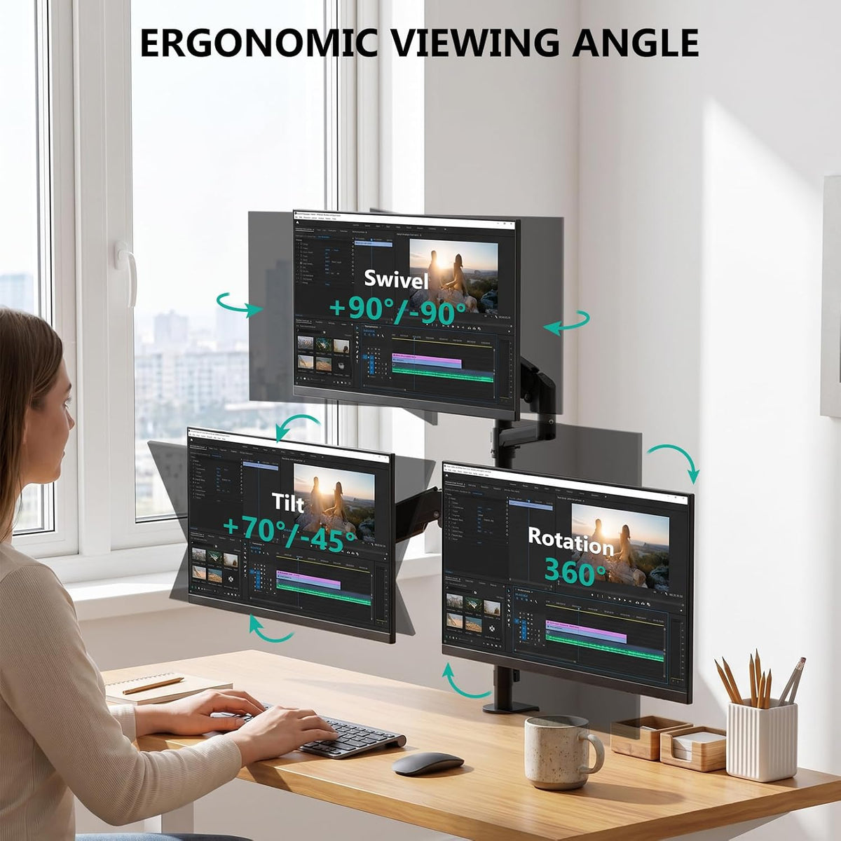 Adjustable Dual Monitor Arm for 13-32 inch Screens, 22 lbs per Arm