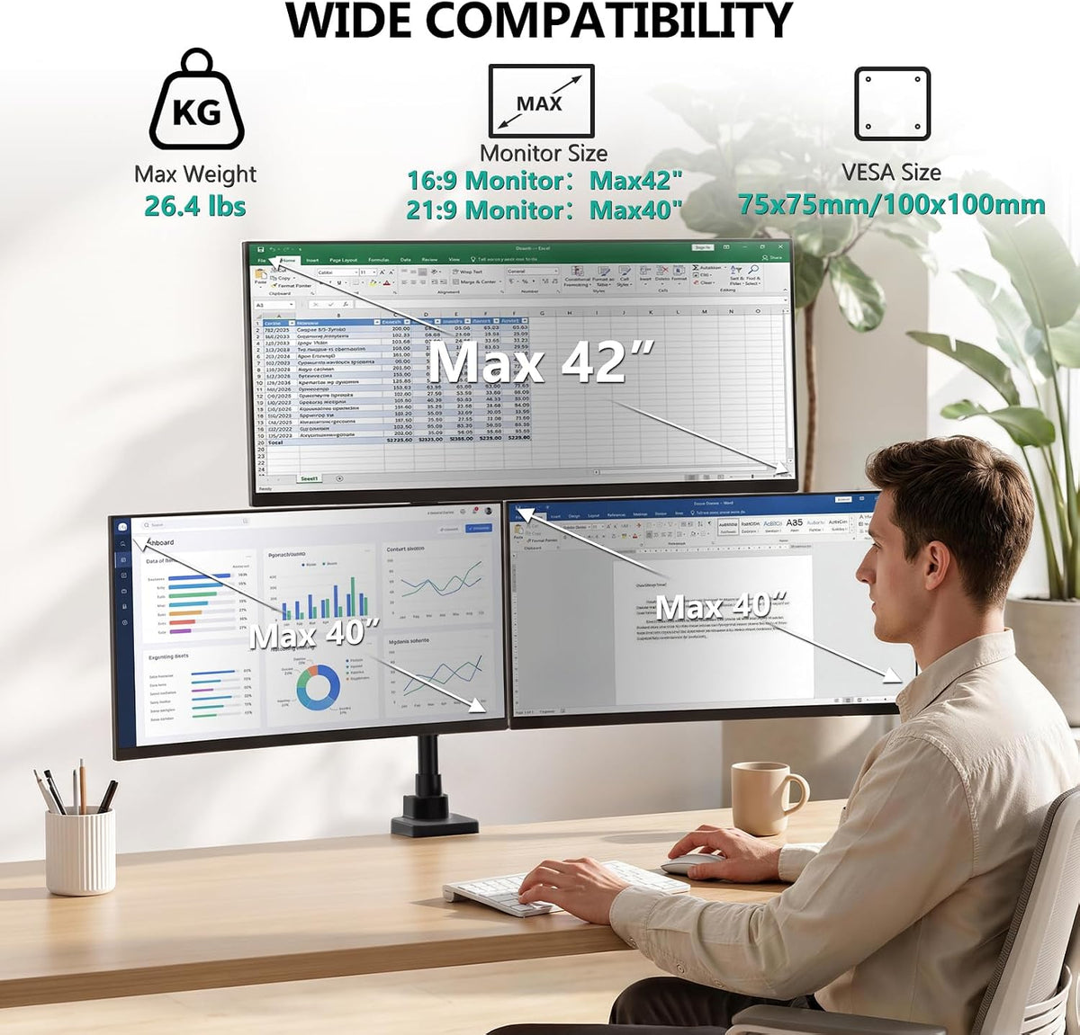 Adjustable Dual Monitor Arm for 13-32 inch Screens, 22 lbs per Arm