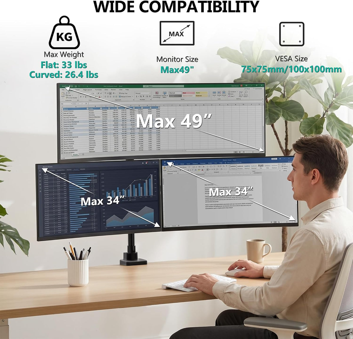 Adjustable Dual Monitor Arm for 13-32 inch Screens, 22 lbs per Arm