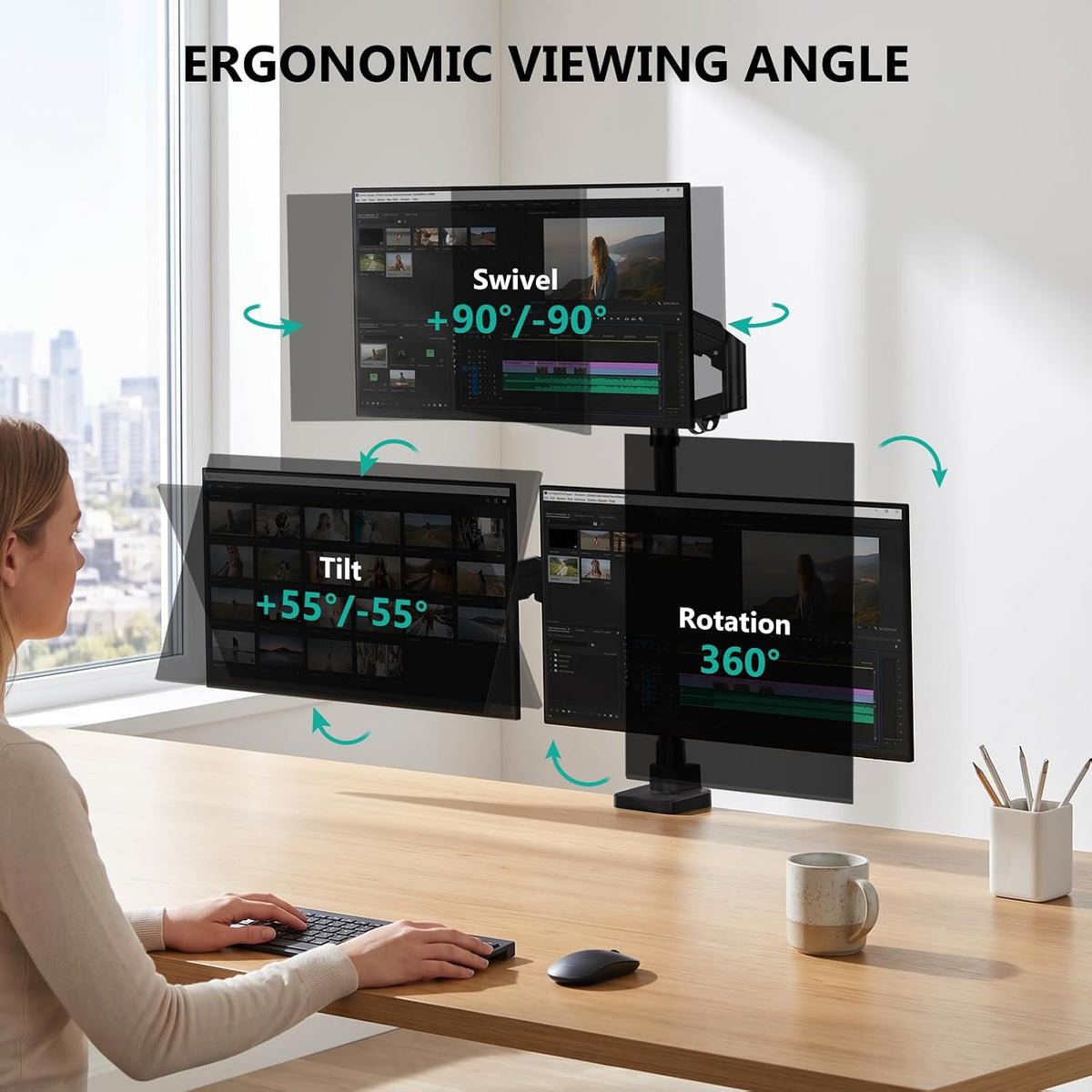 Adjustable Dual Monitor Arm for 13-32 inch Screens, 22 lbs per Arm