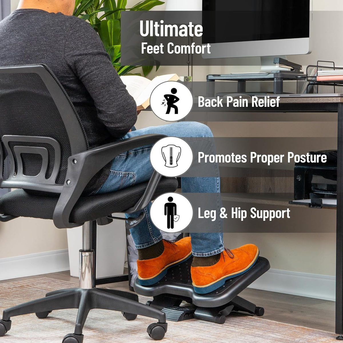 Foot Rest, Under Desk at Work, Ergonomic, Height Adjustable, Office, Plastic, Black