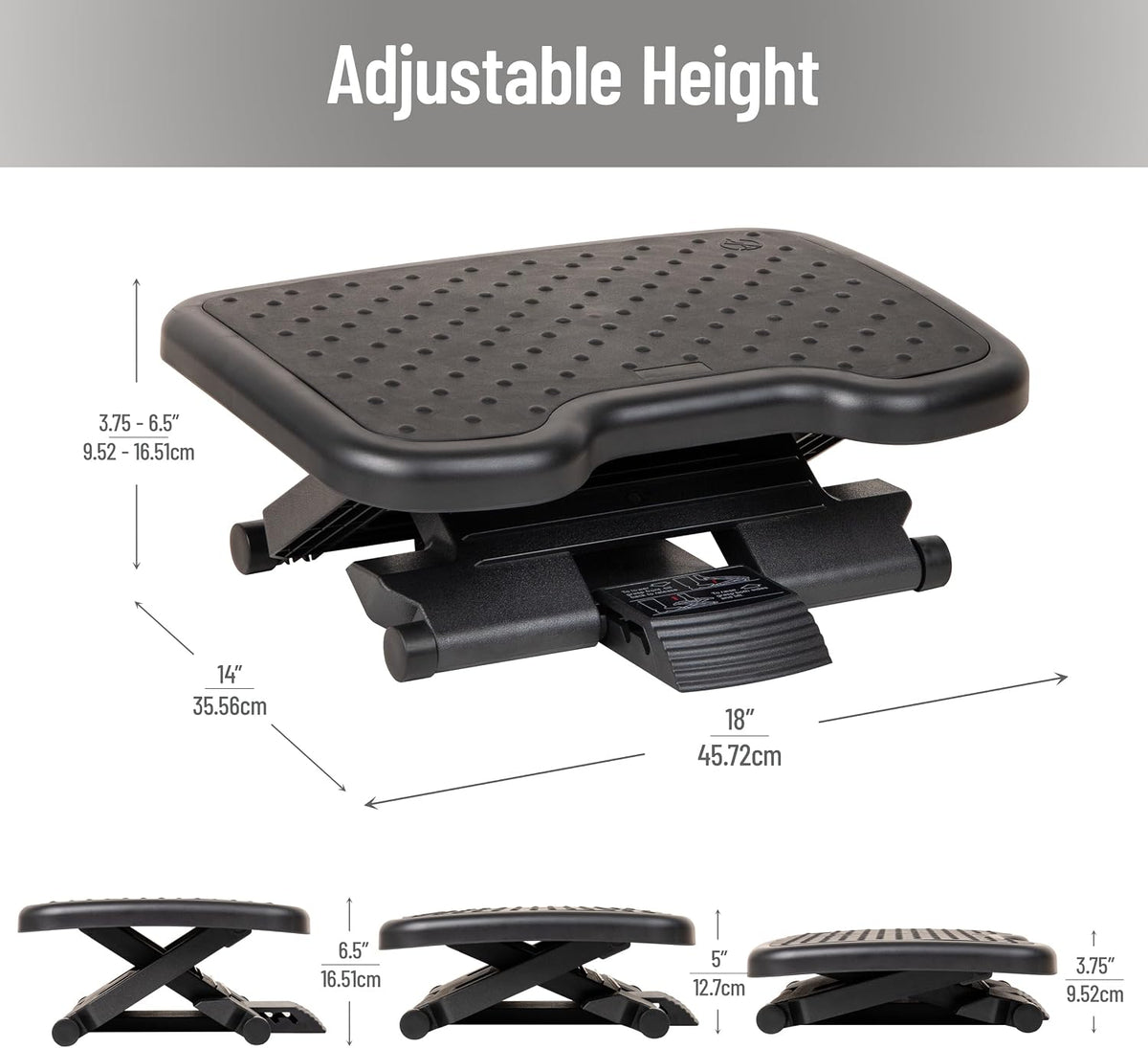 Foot Rest, Under Desk at Work, Ergonomic, Height Adjustable, Office, Plastic, Black