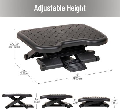 Foot Rest, Under Desk at Work, Ergonomic, Height Adjustable, Office, Plastic, Black