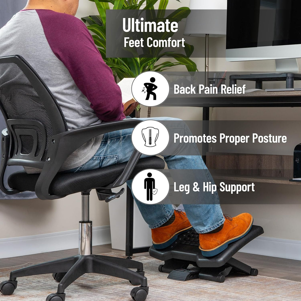 Foot Rest, Under Desk at Work, Ergonomic, Height Adjustable, Office, Plastic, Black