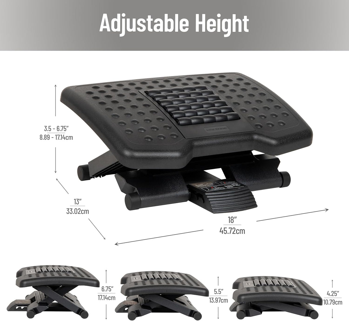 Foot Rest, Under Desk at Work, Ergonomic, Height Adjustable, Office, Plastic, Black