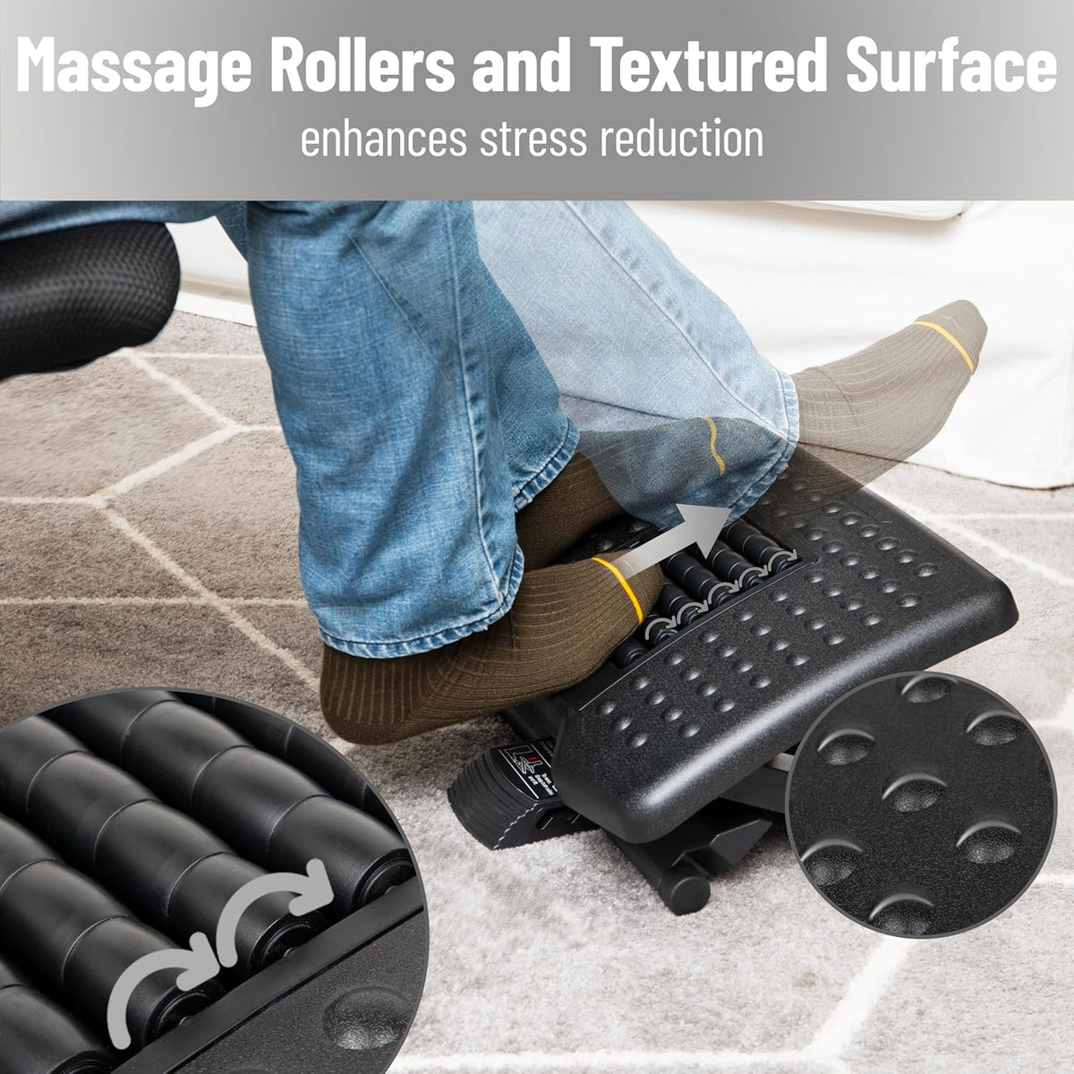 Foot Rest, Under Desk at Work, Ergonomic, Height Adjustable, Office, Plastic, Black