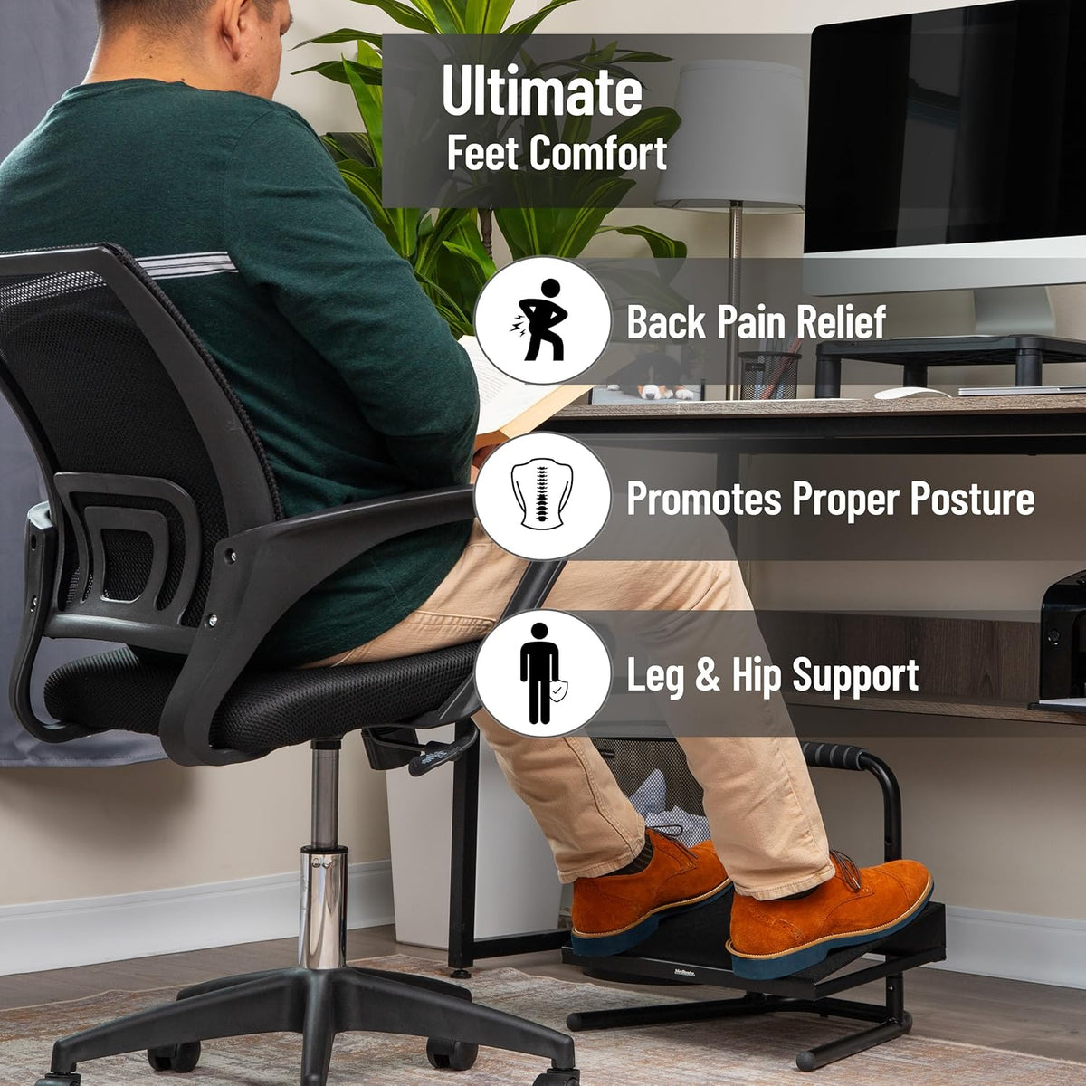 Foot Rest, Under Desk at Work, Ergonomic, Height Adjustable, Office, Plastic, Black