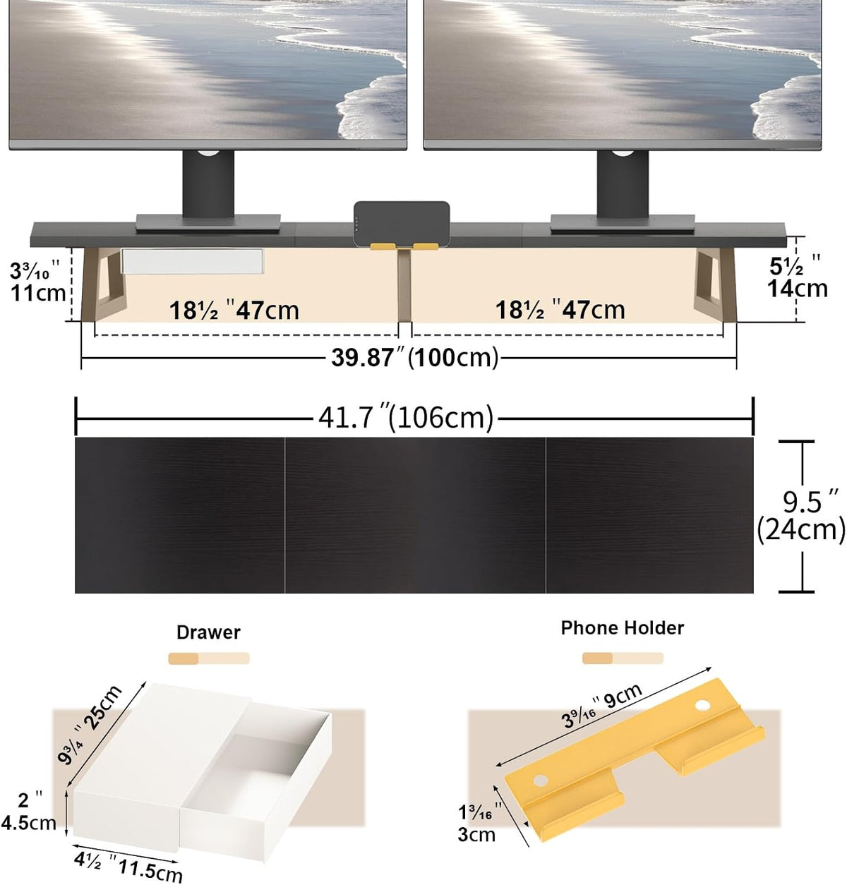 42 inch Large Dual Monitor Riser, Desk Organizer Stand for TV Laptop