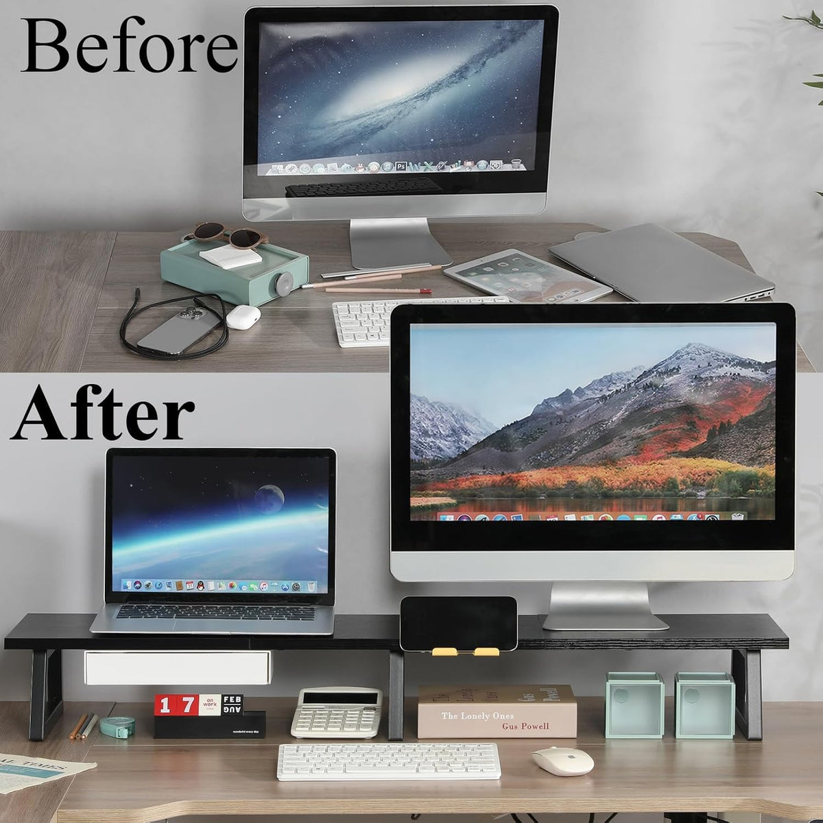 42 inch Large Dual Monitor Riser, Desk Organizer Stand for TV Laptop