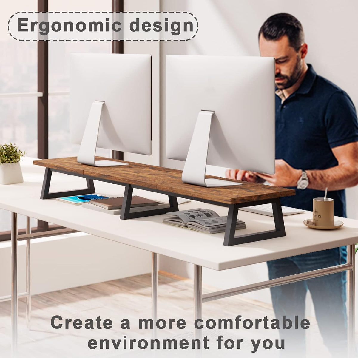 42 inch Large Dual Monitor Riser, Desk Organizer Stand for TV Laptop