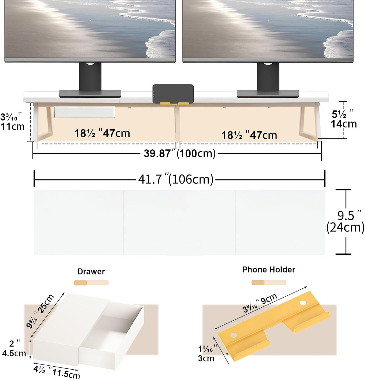 42 inch Large Dual Monitor Riser, Desk Organizer Stand for TV Laptop