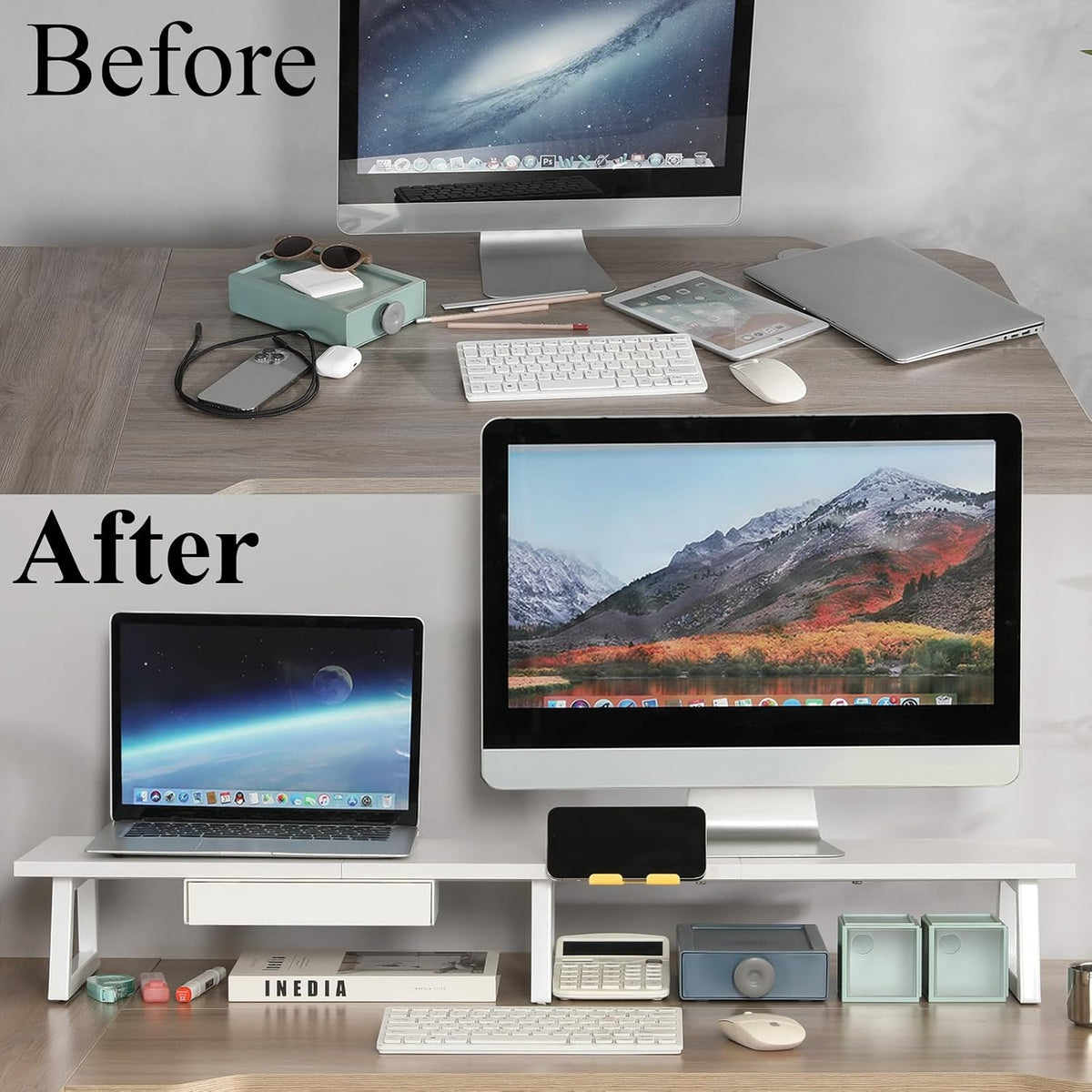 42 inch Large Dual Monitor Riser, Desk Organizer Stand for TV Laptop