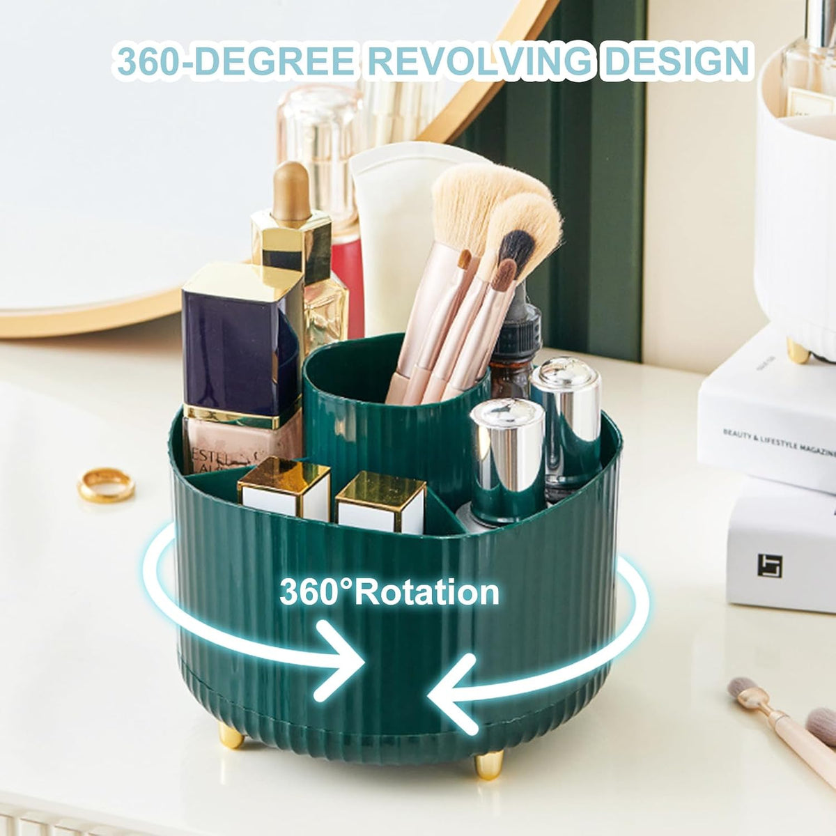 Pencil Holder For Desk,5 Slots 360°Degree Rotating Desk Organizers And Accessories,Desktop Storage Stationery Supplies Organizer, Cute Pencil Cup Pot For Office, School, Home (B-White)