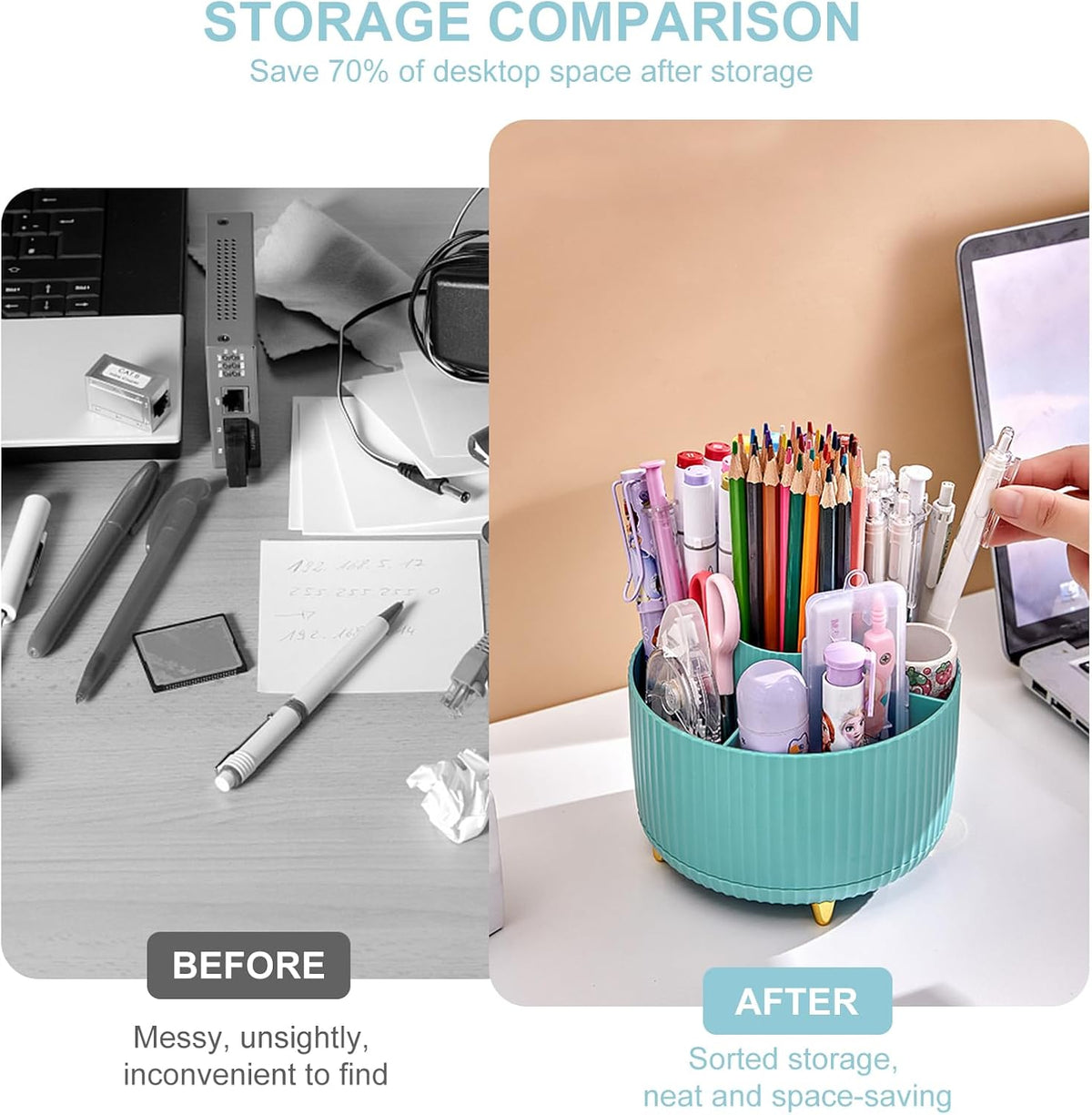 Pencil Holder For Desk,5 Slots 360°Degree Rotating Desk Organizers And Accessories,Desktop Storage Stationery Supplies Organizer, Cute Pencil Cup Pot For Office, School, Home (B-White)