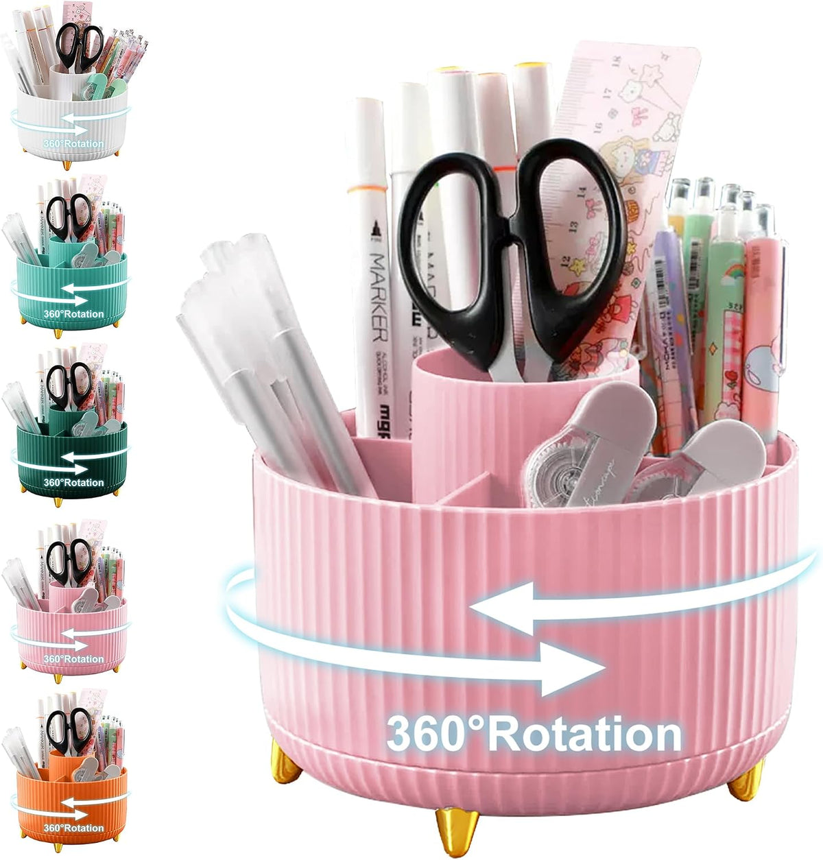 Pencil Holder For Desk,5 Slots 360°Degree Rotating Desk Organizers And Accessories,Desktop Storage Stationery Supplies Organizer, Cute Pencil Cup Pot For Office, School, Home (B-White)