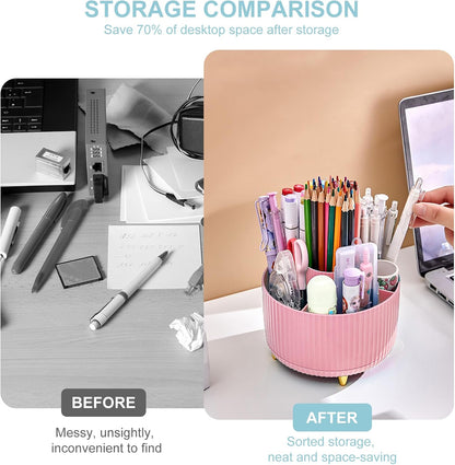 Pencil Holder For Desk,5 Slots 360°Degree Rotating Desk Organizers And Accessories,Desktop Storage Stationery Supplies Organizer, Cute Pencil Cup Pot For Office, School, Home (B-White)