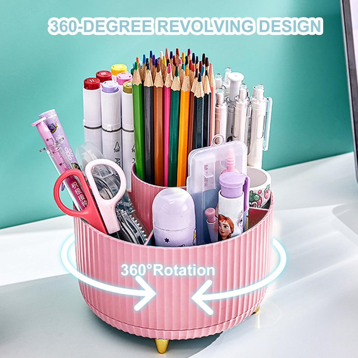 Pencil Holder For Desk,5 Slots 360°Degree Rotating Desk Organizers And Accessories,Desktop Storage Stationery Supplies Organizer, Cute Pencil Cup Pot For Office, School, Home (B-White)