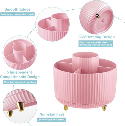 Pencil Holder For Desk,5 Slots 360°Degree Rotating Desk Organizers And Accessories,Desktop Storage Stationery Supplies Organizer, Cute Pencil Cup Pot For Office, School, Home (B-White)