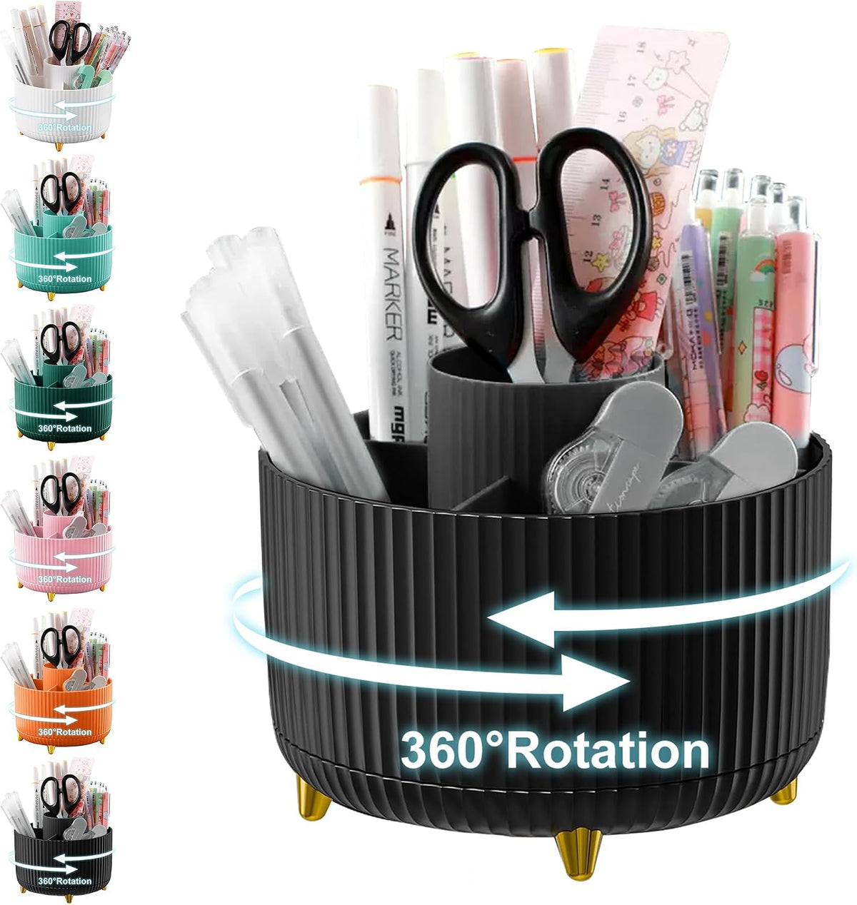 Pencil Holder For Desk,5 Slots 360°Degree Rotating Desk Organizers And Accessories,Desktop Storage Stationery Supplies Organizer, Cute Pencil Cup Pot For Office, School, Home (B-White)