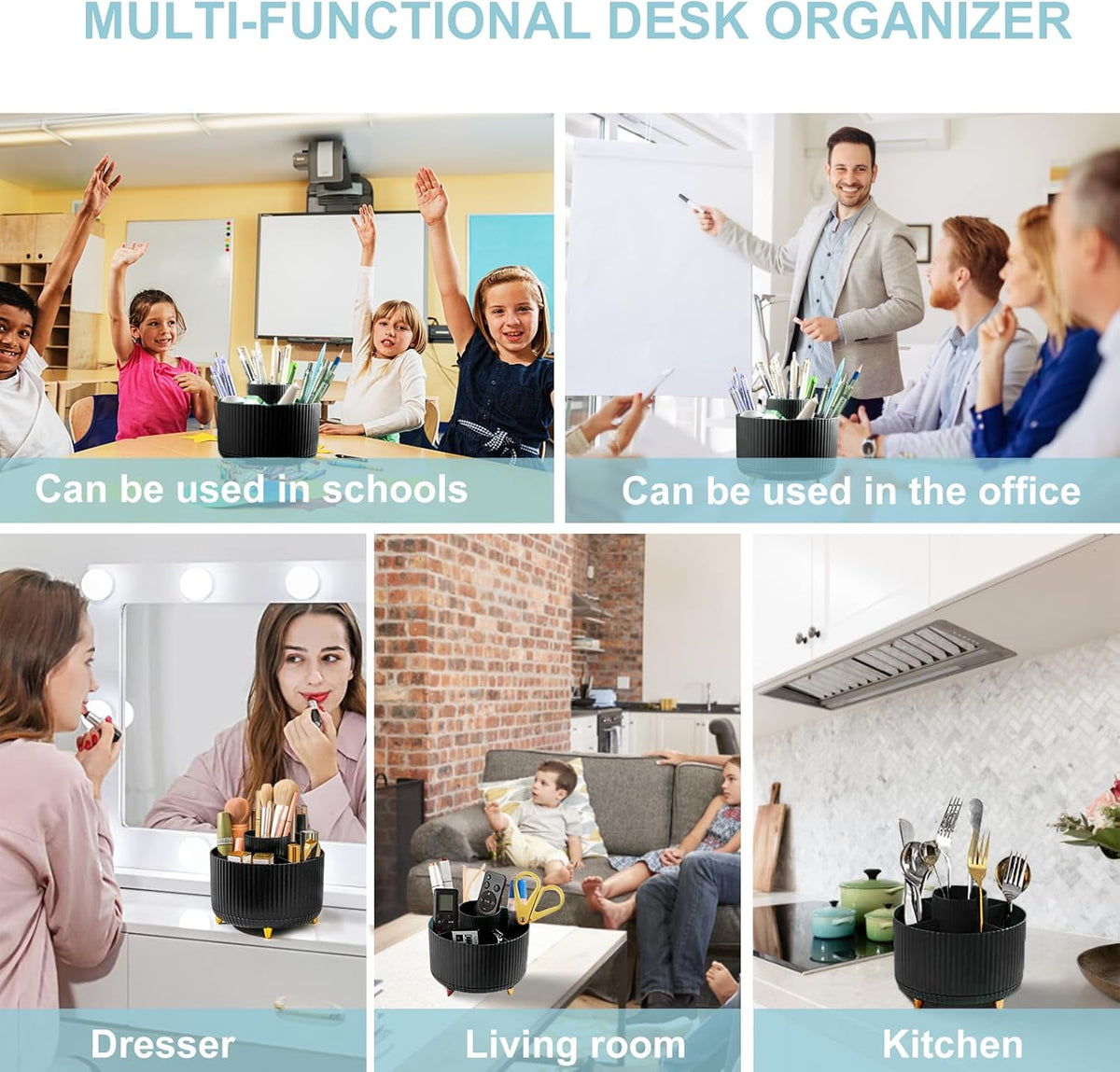 Pencil Holder For Desk,5 Slots 360°Degree Rotating Desk Organizers And Accessories,Desktop Storage Stationery Supplies Organizer, Cute Pencil Cup Pot For Office, School, Home (B-White)