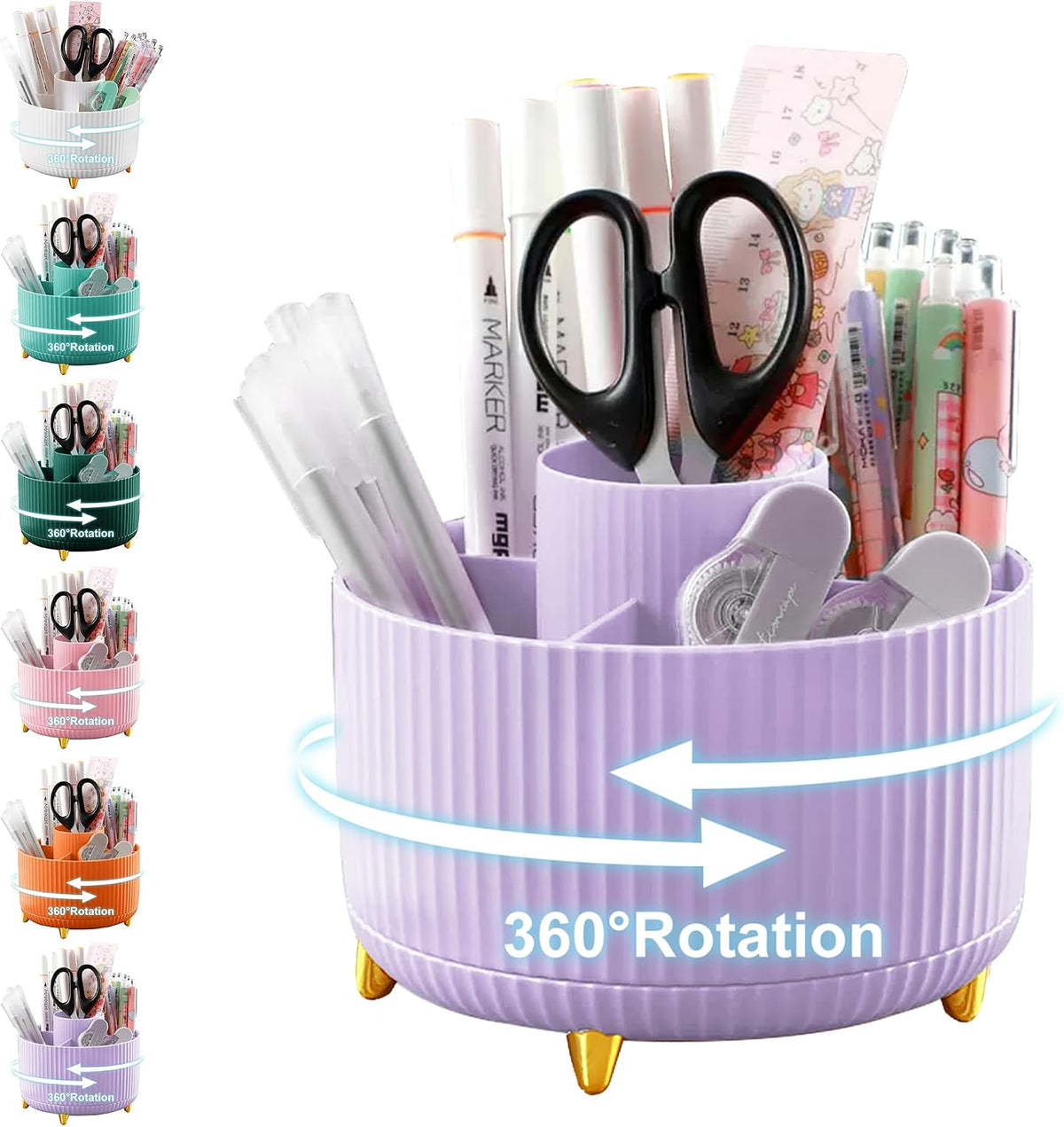 Pencil Holder For Desk,5 Slots 360°Degree Rotating Desk Organizers And Accessories,Desktop Storage Stationery Supplies Organizer, Cute Pencil Cup Pot For Office, School, Home (B-White)