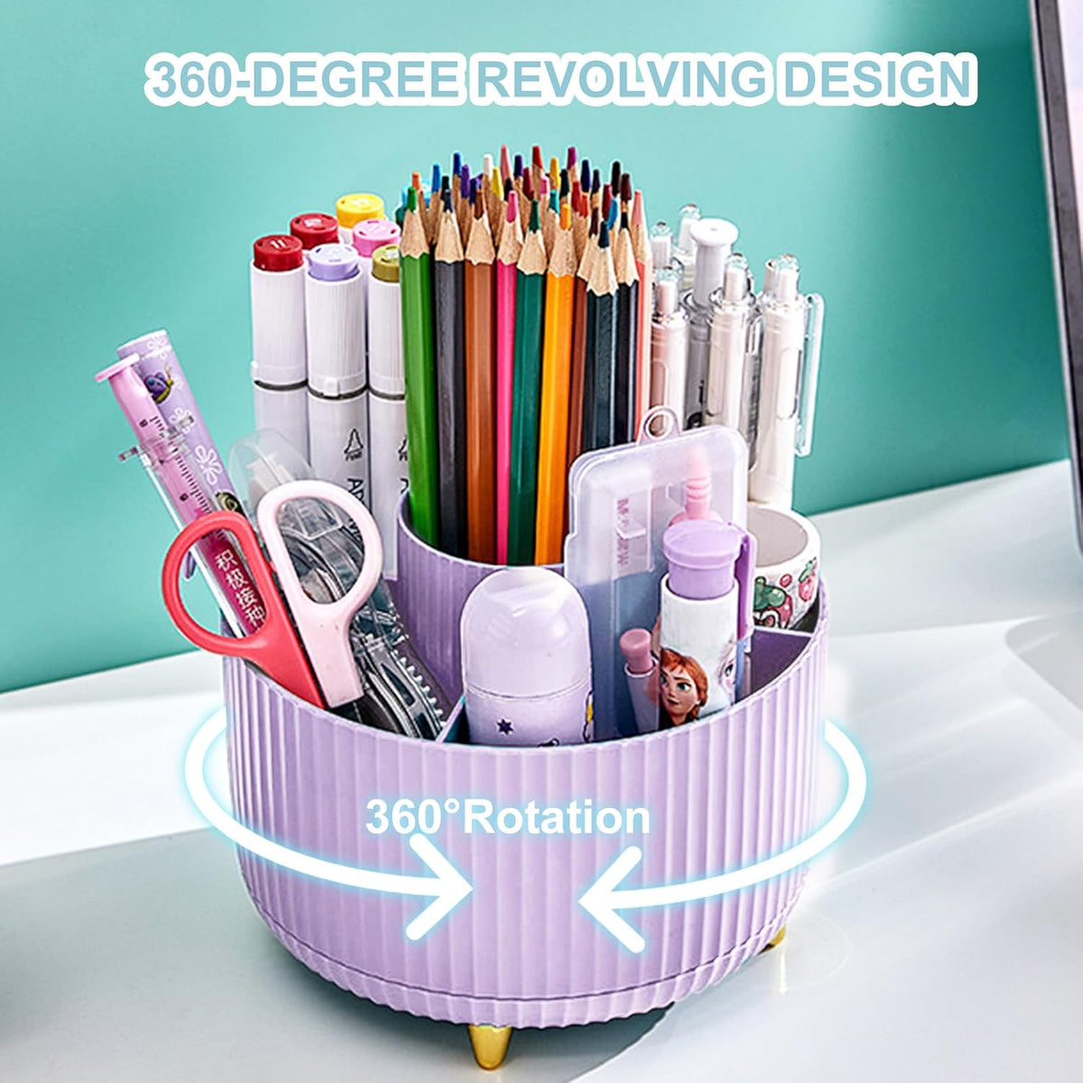 Pencil Holder For Desk,5 Slots 360°Degree Rotating Desk Organizers And Accessories,Desktop Storage Stationery Supplies Organizer, Cute Pencil Cup Pot For Office, School, Home (B-White)