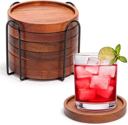 4 Pcs Wood Coasters for Drinks Absorbent, Wooden Coasters with Holder, Drink Coasters for Coffee Table, Absorbent Coaster Set for Table Protection Drink Coasters for Farmhouse, Office, Bar