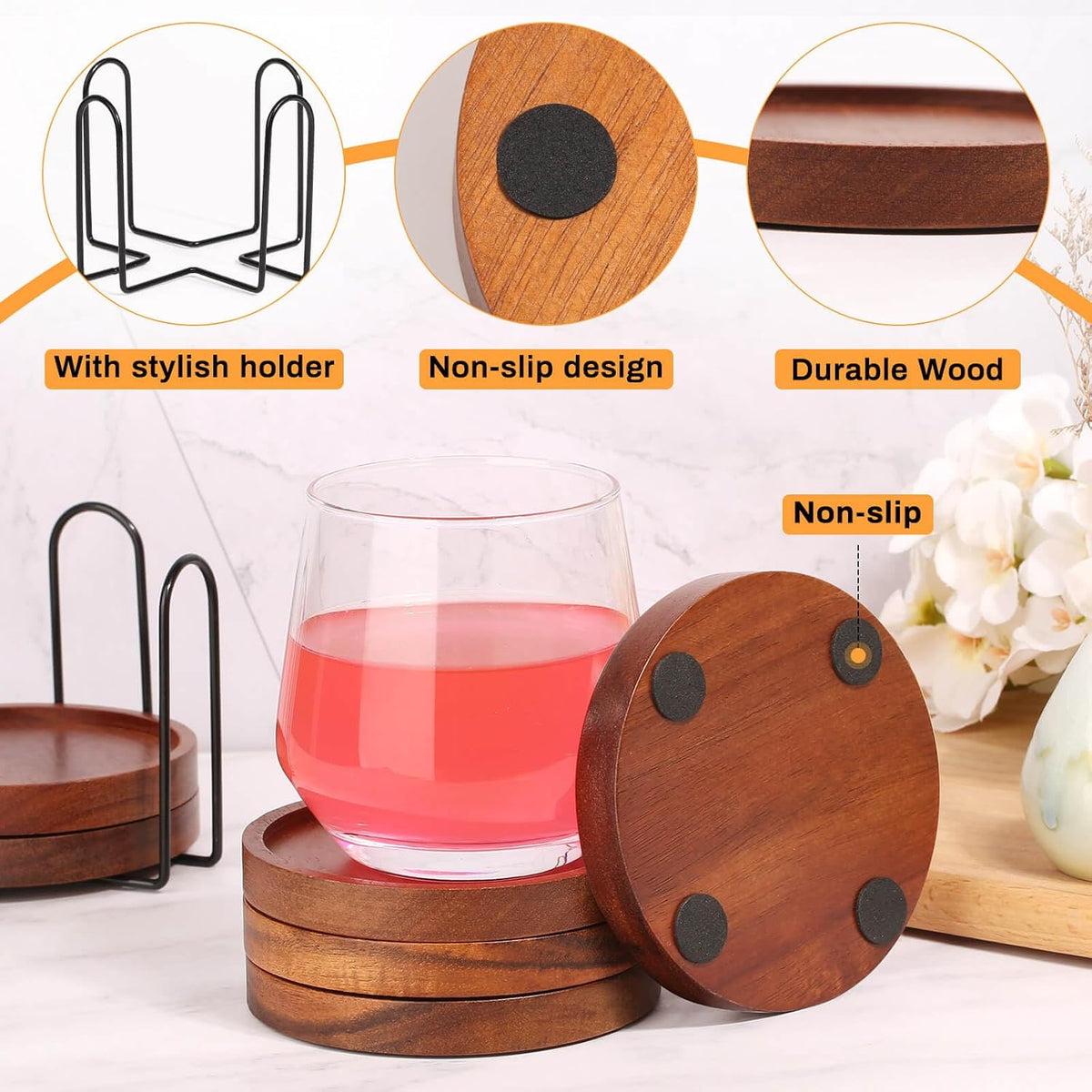 4 Pcs Wood Coasters for Drinks Absorbent, Wooden Coasters with Holder, Drink Coasters for Coffee Table, Absorbent Coaster Set for Table Protection Drink Coasters for Farmhouse, Office, Bar
