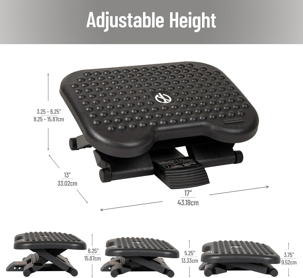 Foot Rest, Under Desk at Work, Ergonomic, Height Adjustable, Office, Plastic, 17"L x 13"W x 6.25"H, Black