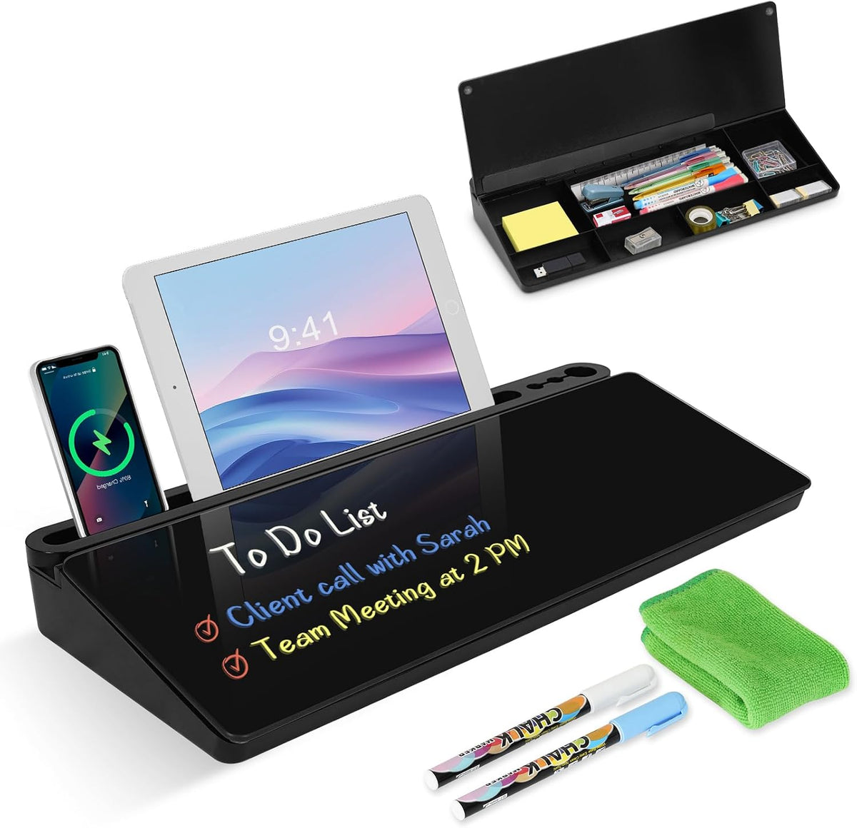 Desktop Glass Whiteboard with Storage, Desk Dry Erase White Board Black