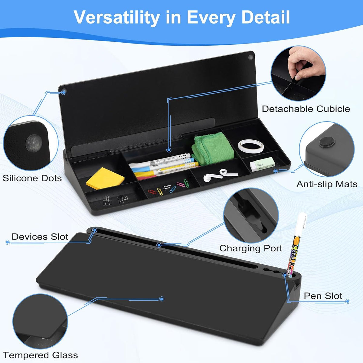 Desktop Glass Whiteboard with Storage, Desk Dry Erase White Board Black