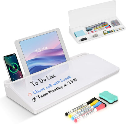 Desktop Glass Whiteboard with Storage, Desk Dry Erase White Board Black
