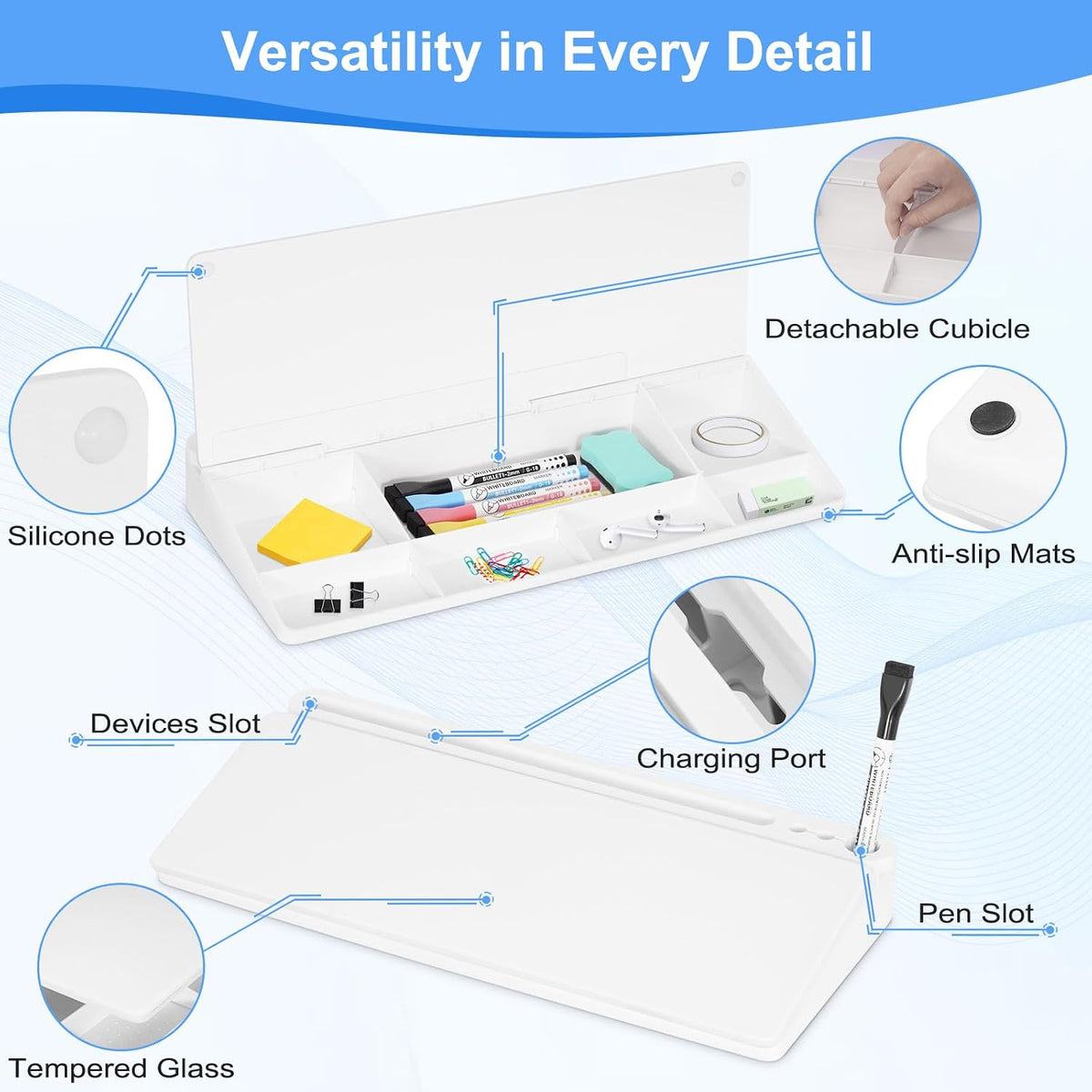 Desktop Glass Whiteboard with Storage, Desk Dry Erase White Board Black