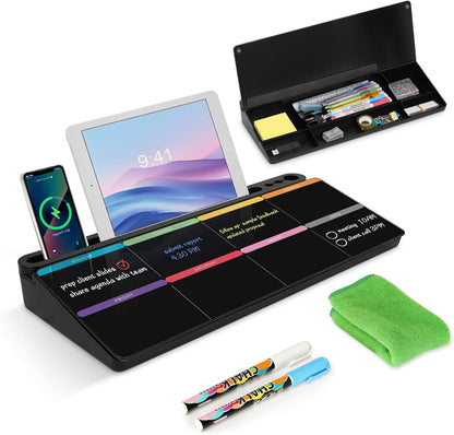 Desktop Glass Whiteboard with Storage, Desk Dry Erase White Board Black