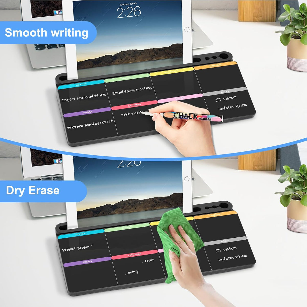 Desktop Glass Whiteboard with Storage, Desk Dry Erase White Board Black