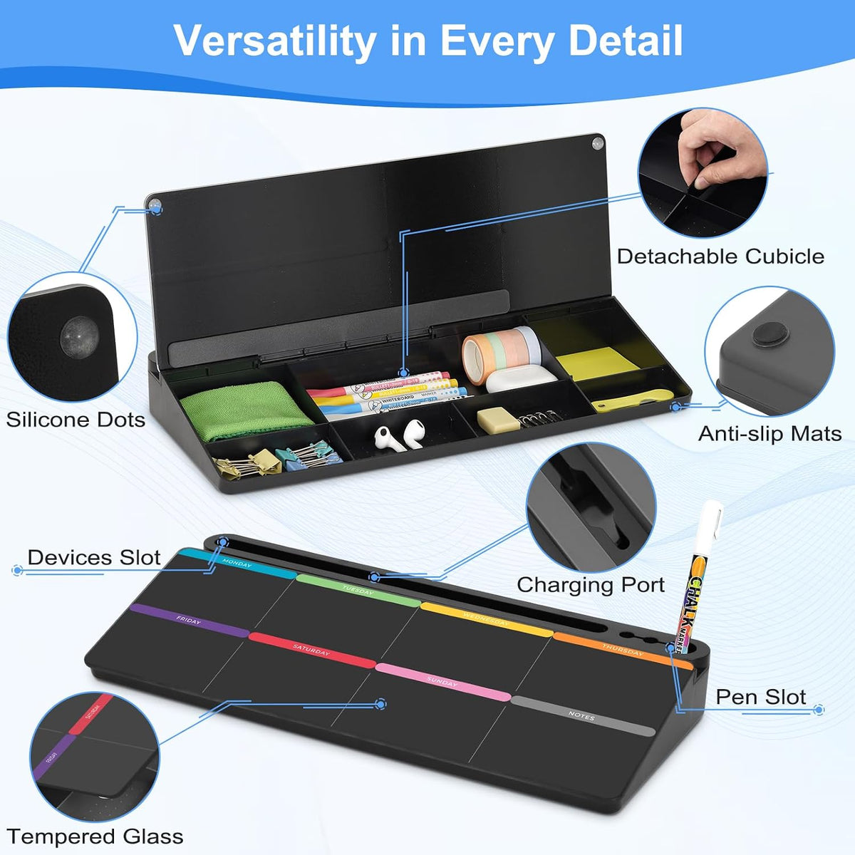 Desktop Glass Whiteboard with Storage, Desk Dry Erase White Board Black