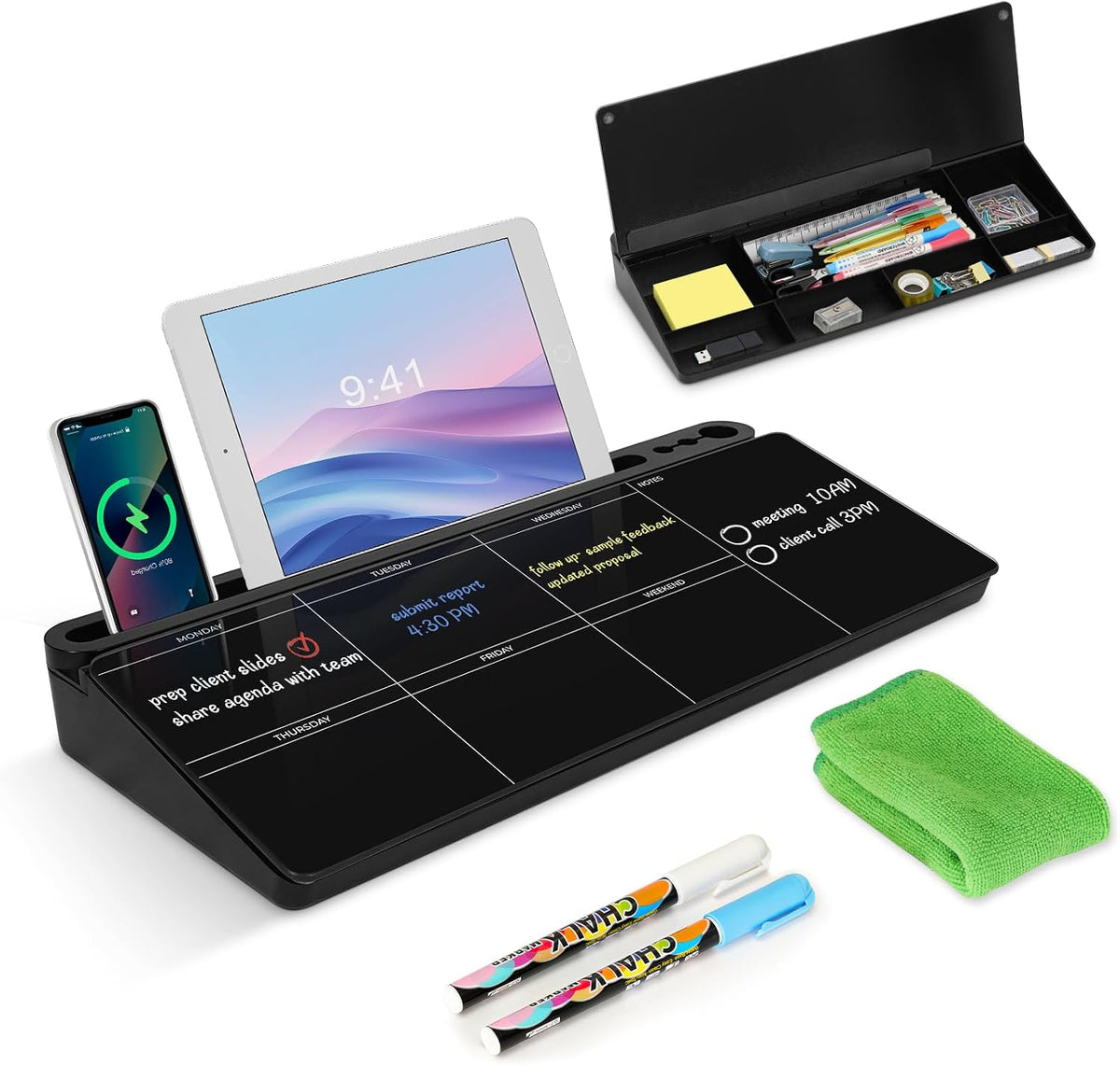Desktop Glass Whiteboard with Storage, Desk Dry Erase White Board Black