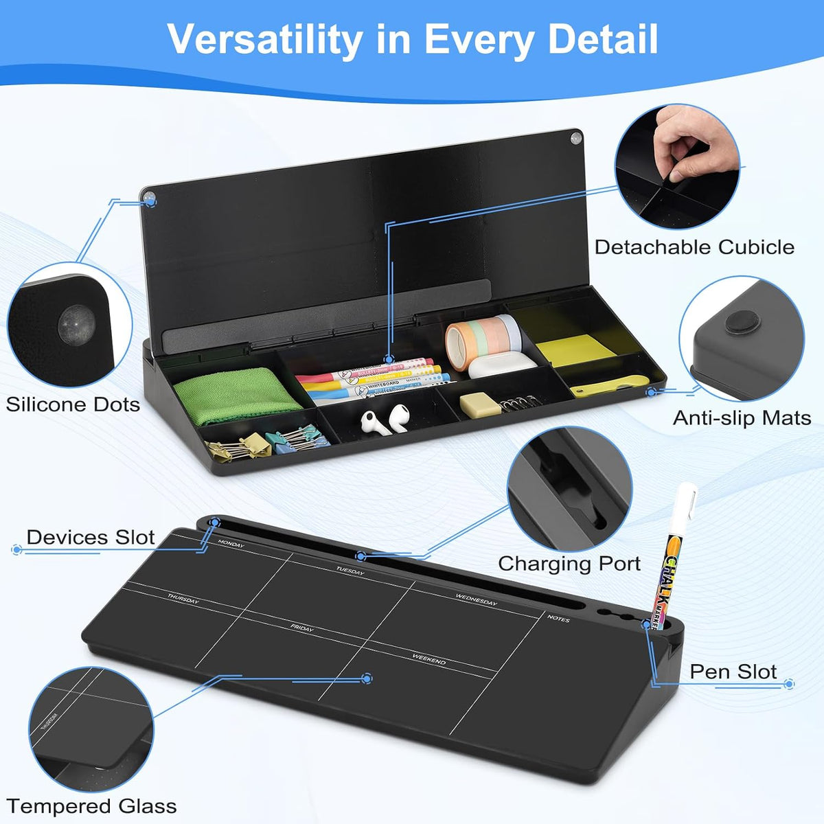 Desktop Glass Whiteboard with Storage, Desk Dry Erase White Board Black