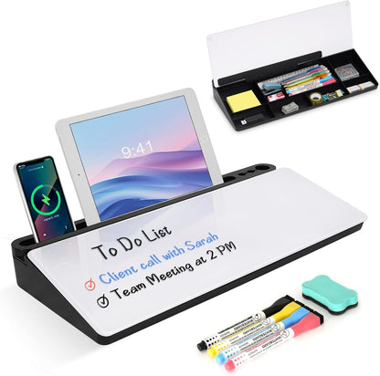 Desktop Glass Whiteboard with Storage, Desk Dry Erase White Board Black