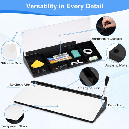 Desktop Glass Whiteboard with Storage, Desk Dry Erase White Board Black